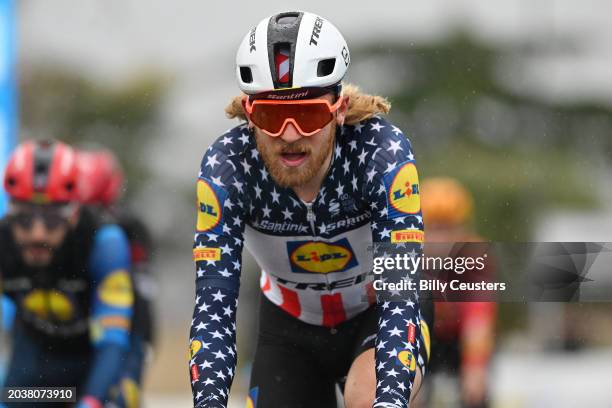 Quinn Simmons of The United States and Team Lidl - Trek crosses the finish line during the 12th Drome Classic 2024, a 189km one day race from...