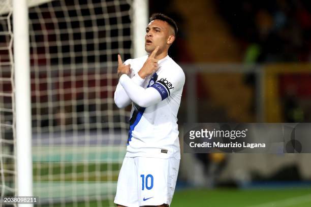 Lautaro Martinez of Inter celebrates after scoring his team's first goal during the Serie A TIM match between US Lecce and FC Internazionale at...