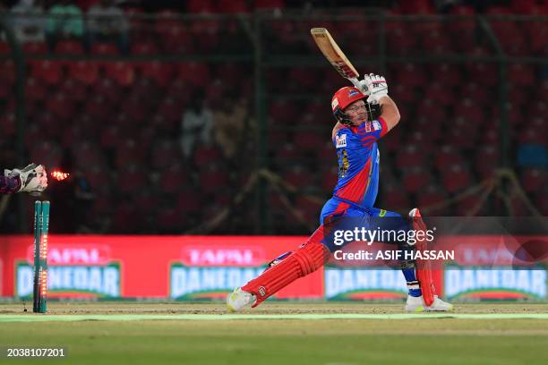 Karachi Kings' Tim Seifert is stumped out by Islamabad United's wicketkeeper Azam Khan during the Pakistan Super League Twenty20 cricket match...