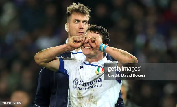 Paolo Garbisi of Italy looks dejected after missing a last minute, match winning penalty during the Guinness Six Nations 2024 match between France...