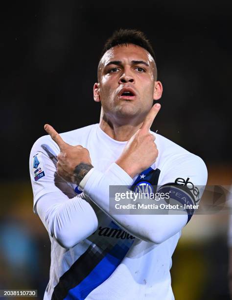 Lautaro Martinez of FC Internazionale celebrates after scoring the goal during the Serie A TIM match between US Lecce and FC Internazionale at Stadio...