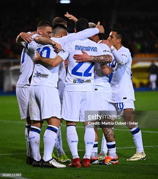 Lautaro Martinez of FC Internazionale celebrates with team-mates after scoring the goal during the Serie A TIM match between US Lecce and FC...