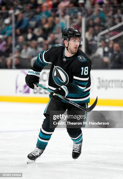 Filip Zadina of the San Jose Sharks skates against the Nashville Predators during the second period of an NHL hockey game at SAP Center on February...