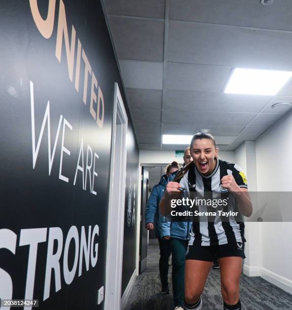 Lia Cataldo of Newcastle United celebrates in the corridor after winning the FA Women's National League Cup match between Newcastle United Women and...