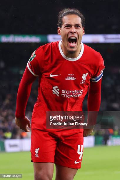 Virgil van Dijk of Liverpool celebrates scoring his team's first goal during the Carabao Cup Final match between Chelsea and Liverpool at Wembley...