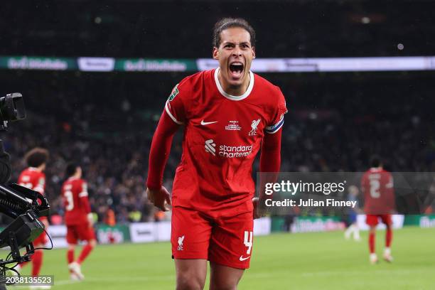 Virgil van Dijk of Liverpool celebrates scoring his team's first goal as he is filmed by the steady cam during the Carabao Cup Final match between...