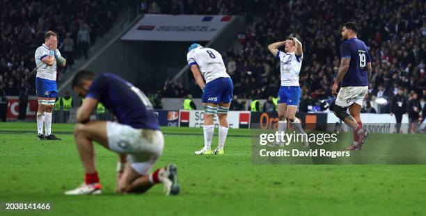 Paolo Garbisi of Italy holds his head after missing a last minute, match winning penalty during the Guinness Six Nations 2024 match between France...