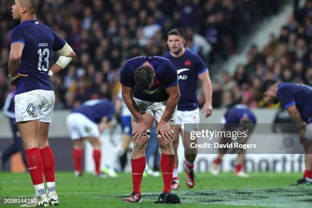 France players look dejected after the match ends in a 13-13 tie during the Guinness Six Nations 2024 match between France and Italy at Stade Pierre...