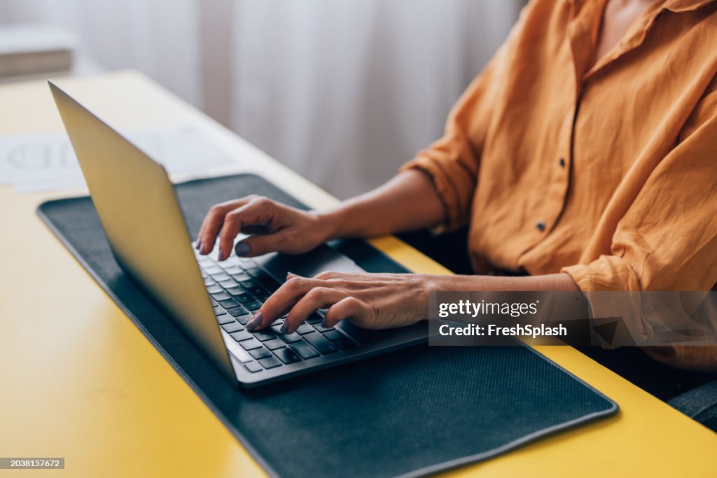 Professional Woman Working on Laptop at Modern Workspace