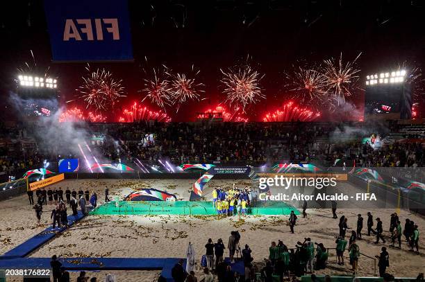 Players of Brazil lift the FIFA Beach Soccer World Cup UAE 2024 trophy during the FIFA Beach Soccer World Cup UAE 2024 Final match between Brazil and...