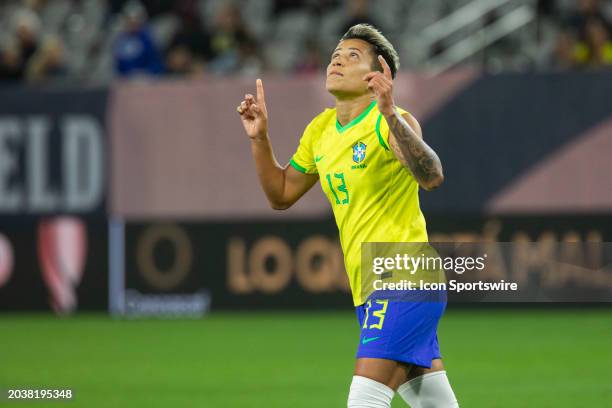 Brazil defender Bia Menezes celebrates a goal during the CONCACAF Women's Gold Cup Group B match between Panama and Brazil on February 27 2024, at...
