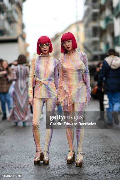 Ami and Aya are seen ; a guest wears sunglasses, a necklace , a pastel pale purple and yellow striped gathered top, matching pants, platform shoes,...