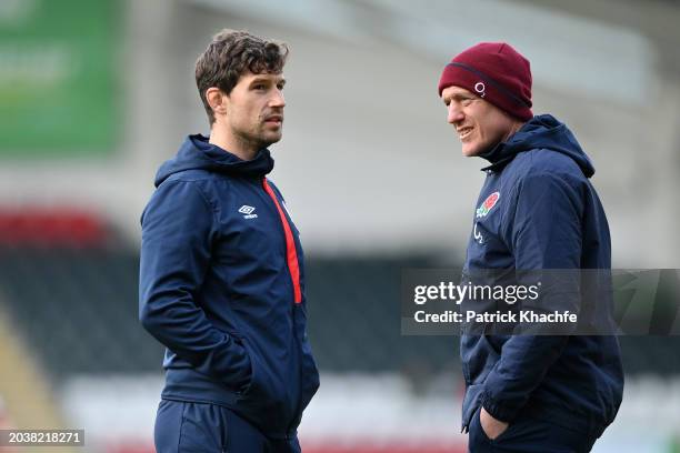 Dom Waldouck, England A Defence Coach, and Sam Vesty, England A Attack Coach, look on during the rugby international match between England A and...