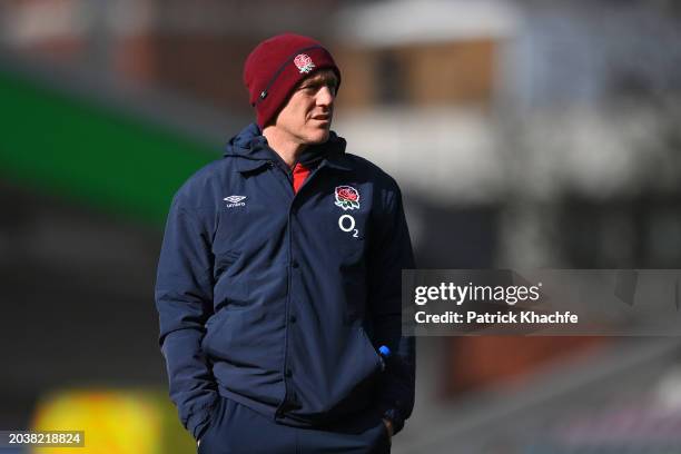 Sam Vesty, England A Attack Coach, looks on prior to the rugby international match between England A and Portugal at Mattioli Woods Welford Road...