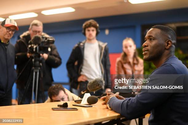 Nantes' former Ivorian midfielder player and current head coach of the Ivorian national football team, Emerse Fae speaks to the press in the popular...