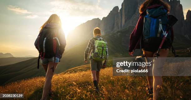 adolescentes caminando con perro en la montaña al atardecer - senderismo fotografías e imágenes de stock