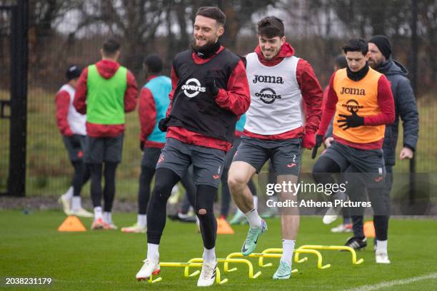 Matt Grimes , Josh Key and Charlie Patino of Swansea City during the Swansea City AFC Training Session at Fairwood Training Ground on February 28,...