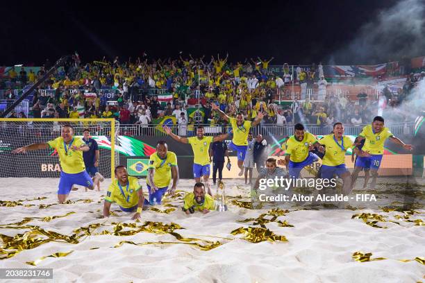 Players of Brazil celebrate after winning the FIFA Beach Soccer World Cup UAE 2024 during the FIFA Beach Soccer World Cup UAE 2024 Final match...