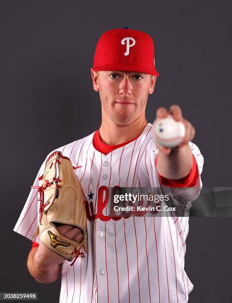 Kolby Allard of the Philadelphia Phillies poses for a portrait during photo day at BayCare Ballpark on February 22, 2024 in Clearwater, Florida.