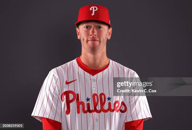 Kolby Allard of the Philadelphia Phillies poses for a portrait during photo day at BayCare Ballpark on February 22, 2024 in Clearwater, Florida.