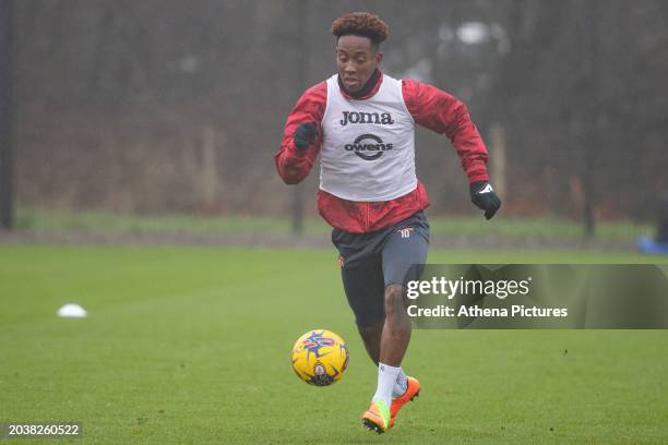 Jamal Lowe of Swansea City attacks during the Swansea City AFC Training Session at Fairwood Training Ground on February 28, 2023 in Swansea, Wales.