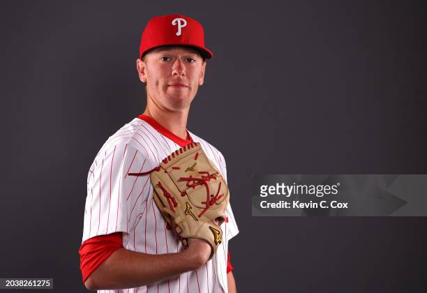 Kolby Allard of the Philadelphia Phillies poses for a portrait during photo day at BayCare Ballpark on February 22, 2024 in Clearwater, Florida.
