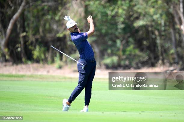 Erik van Rooyen of South Africa plays a shot on the second hole during the final round of the Mexico Open at Vidanta at Vidanta Vallarta on February...