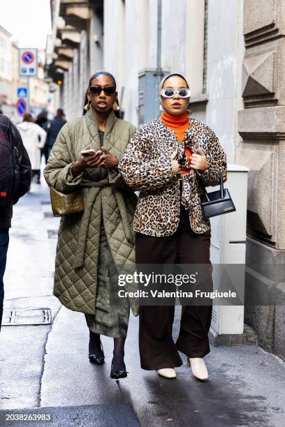 Guests are seen wearing on the left black sunglasses, a white shirt, a blue silk mini scarf, pink and purple polka dots printed foulard and a blue...