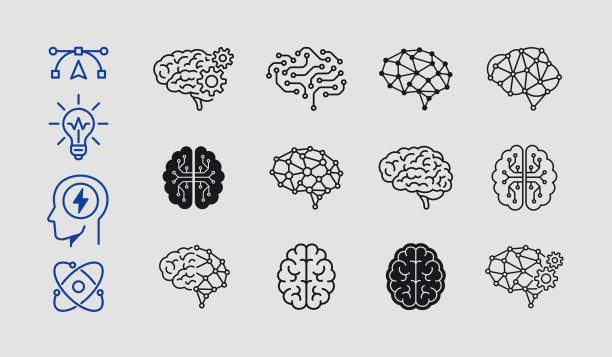 brain and artificial intelligence icons - brain stock illustrations