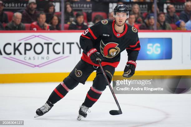 Josh Norris of the Ottawa Senators skates against the Vegas Golden Knights at Canadian Tire Centre on February 24, 2024 in Ottawa, Ontario, Canada.
