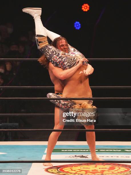 Matt Riddle and Hiroshi Tanahashi compete during the New Japan Pro-Wrestling at Hokkaido Prefectural Sports Center on February 23, 2024 in Sapporo,...
