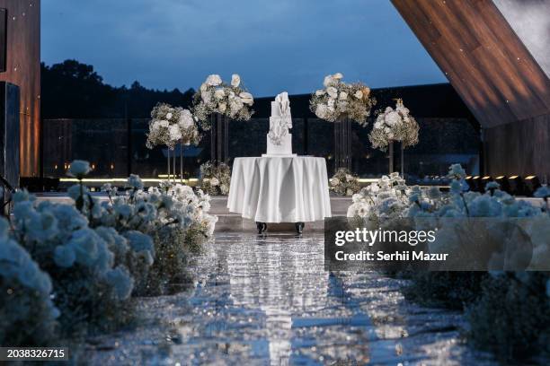 gorgeous white wedding cake - stock photo - wedding planning foto e immagini stock
