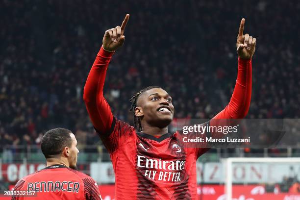 Rafael Leao of AC Milan celebrates scoring his team's first goal during the Serie A TIM match between AC Milan and Atalanta BC at Stadio Giuseppe...