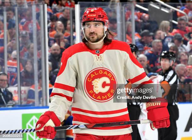 Chris Tanev of the Calgary Flames in action during the game against the Edmonton Oilers at Rogers Place on February 24 in Edmonton, Alberta, Canada.