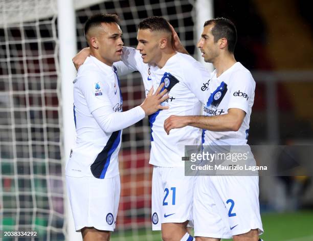 Lautaro Martinez of Inter celebrates with his teammates after scoring his team's first goal during the Serie A TIM match between US Lecce and FC...