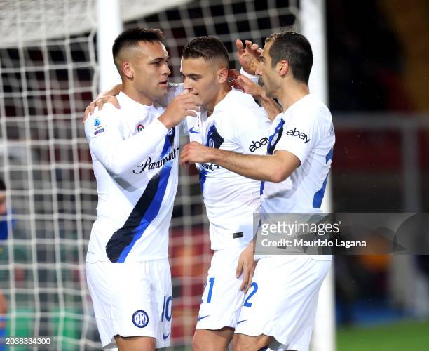 Lautaro Martinez of Inter celebrates with his teammates after scoring his team's first goal during the Serie A TIM match between US Lecce and FC...
