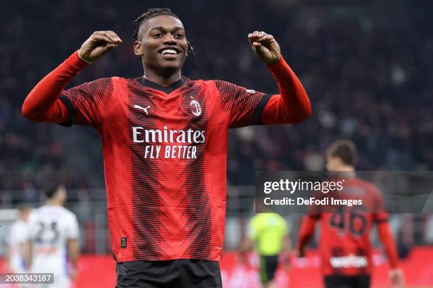 Rafael Leao of Ac Milan celebrates after scoring his team's first goal during the Serie A TIM match between AC Milan and Atalanta BC at Stadio...