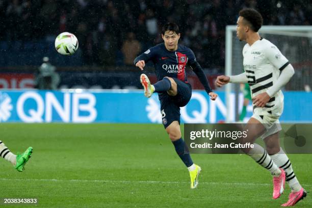 Lee Kang-in of PSG in action during the Ligue 1 Uber Eats match between Paris Saint-Germain and Stade Rennais FC at Parc des Princes stadium on...