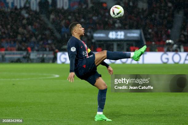 Kylian Mbappe of PSG in action during the Ligue 1 Uber Eats match between Paris Saint-Germain and Stade Rennais FC at Parc des Princes stadium on...