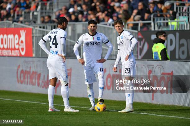 Jens Cajuste of SSC Napoli , Mathias Oliveira of SSC Napoli and Jesper Lindstrom of SSC Napoli during the Serie A TIM match between Cagliari and SSC...