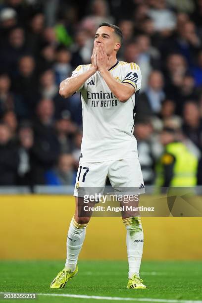 Lucas Vazquez of Real Madrid celebrates scoring a goal which is later disallowed during the LaLiga EA Sports match between Real Madrid CF and Sevilla...