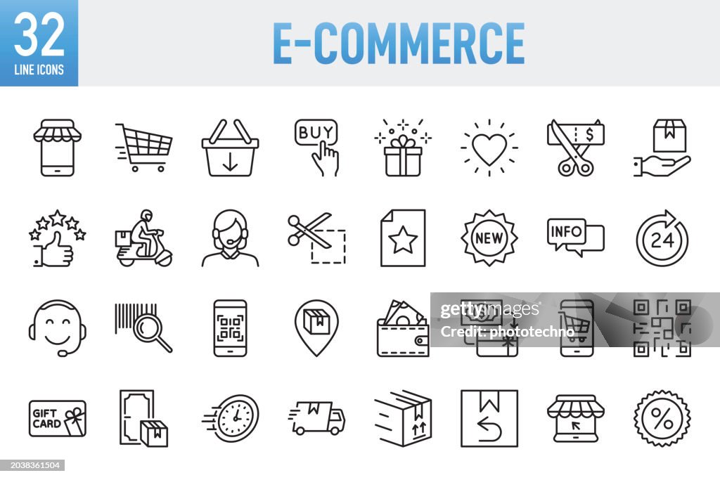 E-Commerce - Thin line vector icon set. Pixel perfect. For Mobile and Web. The set contains icons: E-commerce, Online Shopping, Shopping, Delivering, Free Shipping, Store, Internet, Wish List, Shopping Cart, Shopping Bag, Supermarket