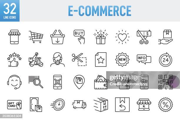e-commerce - thin line vector icon set. pixel perfect. for mobile and web. the set contains icons: e-commerce, online shopping, shopping, delivering, free shipping, store, internet, wish list, shopping cart, shopping bag, supermarket - wish list stock illustrations