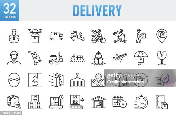 delivery - thin line vector icon set. pixel perfect. for mobile and web. the set contains icons: e-commerce, online shopping, delivering, freight transportation, shipping, package, speed, container, box - container, cargo container, distribution warehouse - drone package stock illustrations