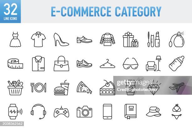 e-commerce category - thin line vector icon set. pixel perfect. for mobile and web. the set contains icons: e-commerce, online shopping, shopping, delivering, store, fashion, clothing, jewelry, food, fast food, supermarket, electronic - kleidung geordnet stock-grafiken, -clipart, -cartoons und -symbole