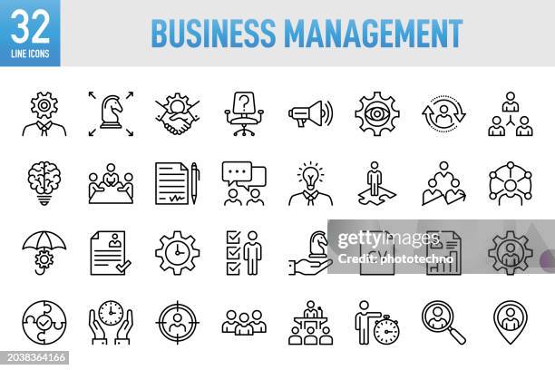 ilustraciones, imágenes clip art, dibujos animados e iconos de stock de conjunto de iconos de línea de gestión empresarial universal moderna: conjunto de iconos vectoriales de línea fina. píxel perfecto. para móvil y web. el conjunto contiene iconos: negocios, estrategia, gestión, objetivo, objetivo, liderazgo, trabajo e - lider