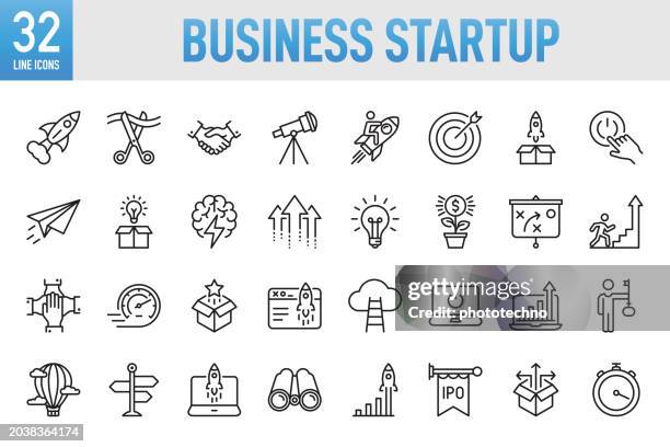ilustrações, clipart, desenhos animados e ícones de business startup - thin line vector icon set. pixel perfect. for mobile and web. the set contains icons: startup, launch event, beginnings, new business, motivation, rocket, opening, handshake, finance, making money, investment - festa de lançamento