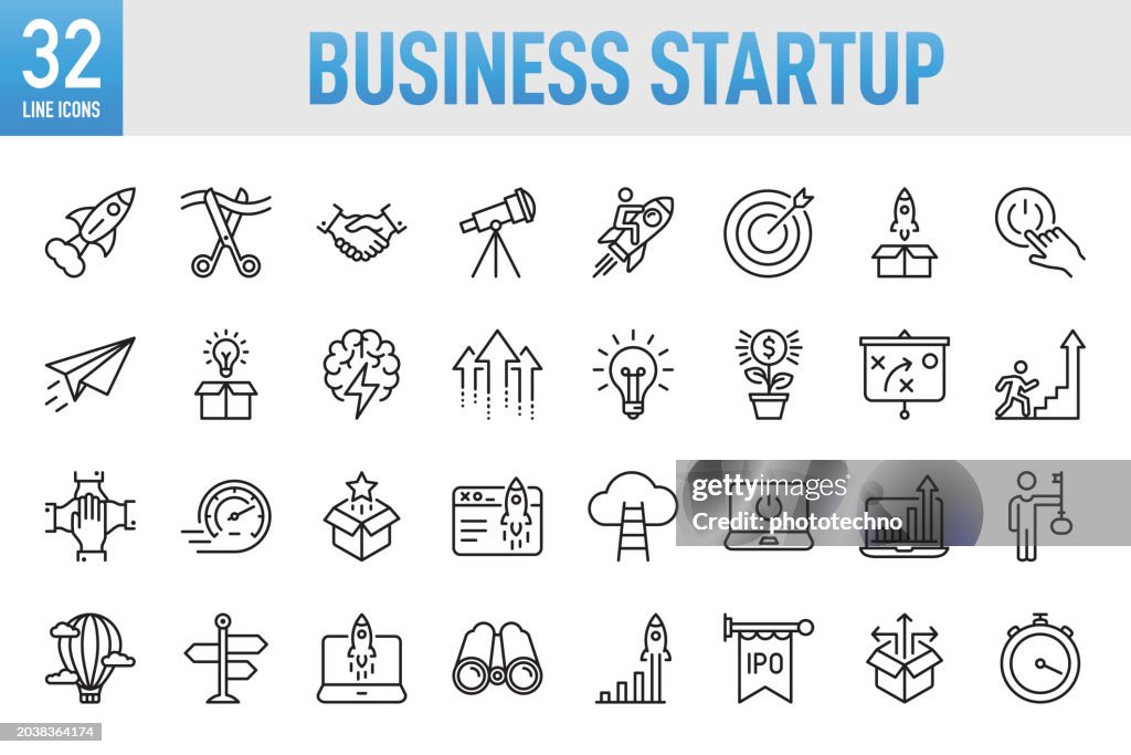 Business Startup - Thin line vector icon set. Pixel perfect. For Mobile and Web. The set contains icons: Startup, Launch Event, Beginnings, New Business, Motivation, Rocket, Opening, Handshake, Finance, Making Money, Investment