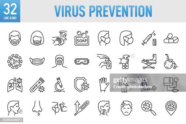 illustrations, cliparts, dessins animés et icônes de virus prevention - thin line vector icon set. pixel perfect. for mobile and web. the set contains icons: coronavirus, covid-19, protective face mask, healthcare and medicine, symptom, illness, pandemic - illness, medical exam, virus, prevention - infection virale