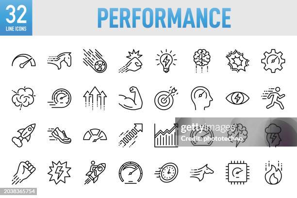 performance - thin line vector icon set. pixel perfect. for mobile and web. the set contains icons: performance, speed, growth, strength, improvement, development, business, internet, running, efficiency, progress - live performance stock illustrations